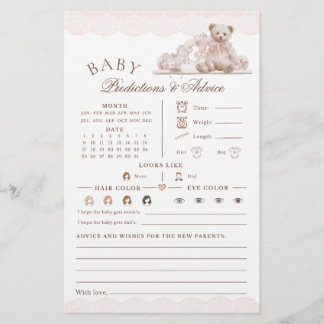 Lámina Teddy Bear Nursery Baby Shower Predictions Game