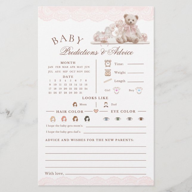 Lámina Teddy Bear Nursery Baby Shower Predictions Game (Anverso)