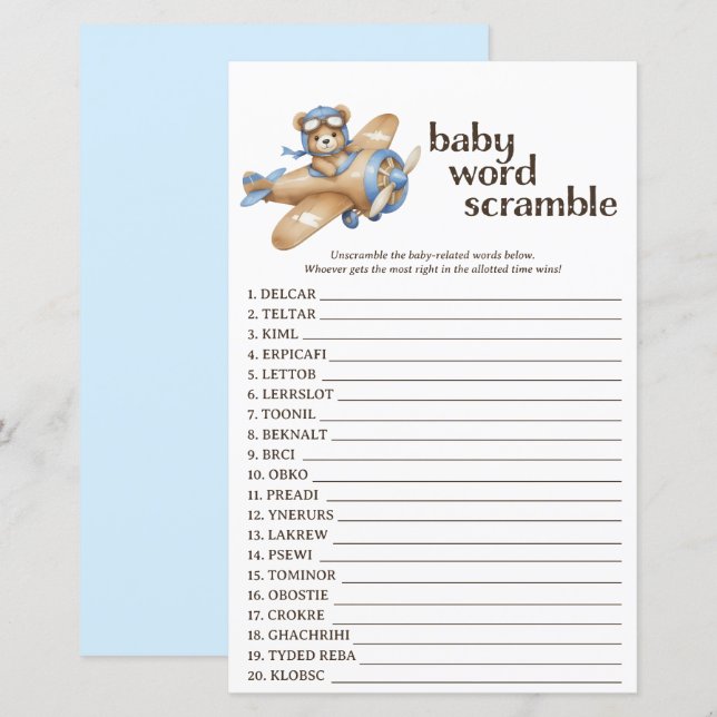 Lámina Teddy Bear Pilot Baby Shower Word Scramble Game (Anverso / Reverso)