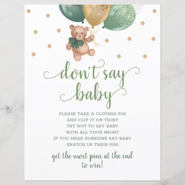 Lámina Teddy Bear Sage Green no digas juego del bebé (Anverso)