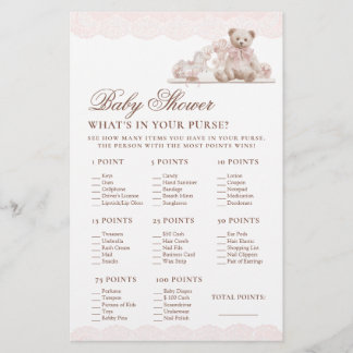 Lámina Teddy Bear Whats in Your Purse Baby Shower Game