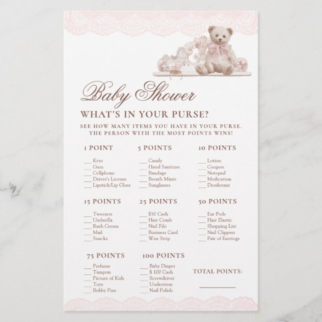 Lámina Teddy Bear Whats in Your Purse Baby Shower Game (Anverso)