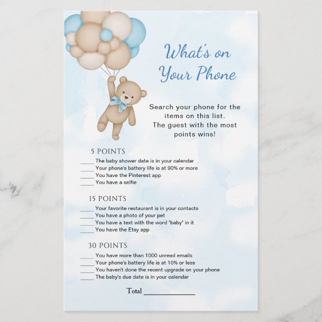 Lámina Teddy Bear What's on Your Phone Baby Game (Anverso)