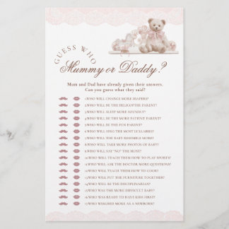 Lámina Teddy Bear Who Mommy or Daddy Baby Shower Game