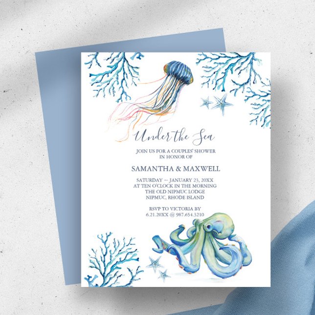 Lámina Tema De Las Acuarelas Presupuestarias De Baby Show (baby boy shower invitations watercolor under the sea watercolor octopus starfish corals DoTellABelle)