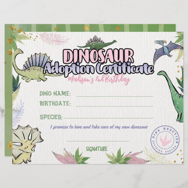 Lámina Tema del Fiesta de dinosaurios, certificado de ado (Anverso / Reverso)