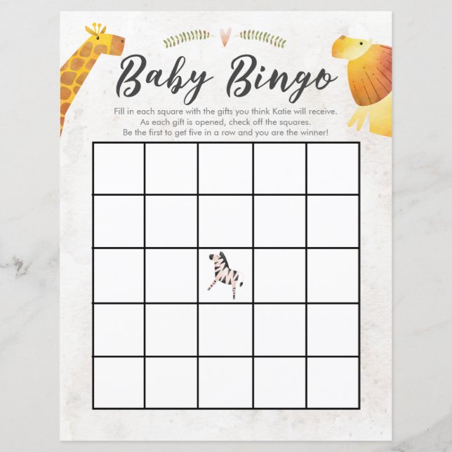 Lámina Tema Jungle & Safari Juego de Baby Shower Bingo Ba (Anverso)