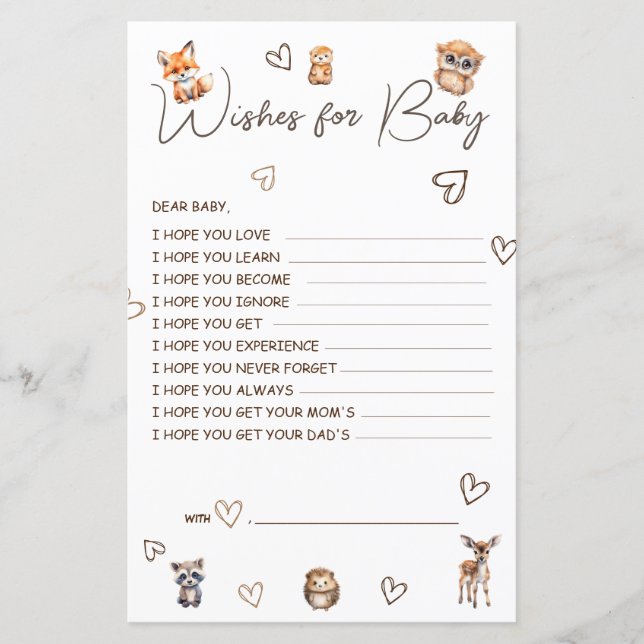 Lámina Temática de animales de Woodland desea para el beb (Anverso)