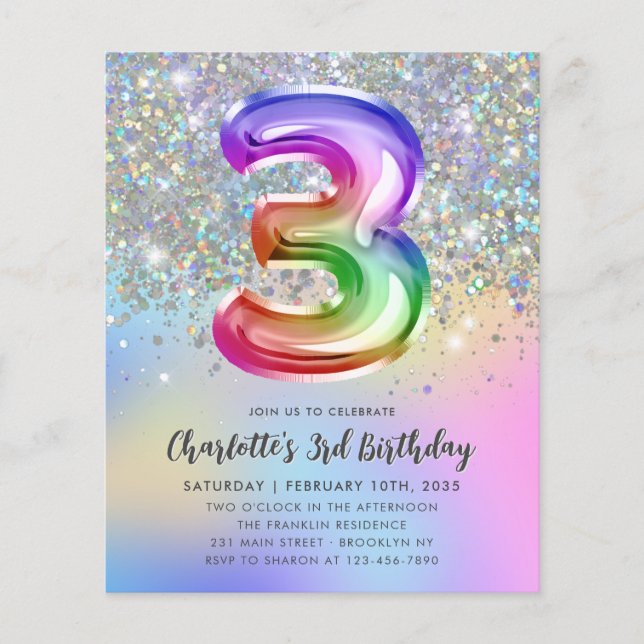 Lámina Tercer cumpleaños: Purpurina arcoiris presupuestad (Anverso)