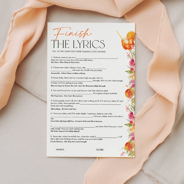 Lámina Termina la letra de la canción Juego de Spritz en  (Finish the lyrics Bridal Shower Game | Love at First Spritz theme)