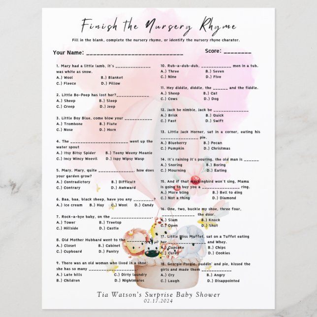 Lámina Terminar el juego de rima infantil animales de beb (Anverso)