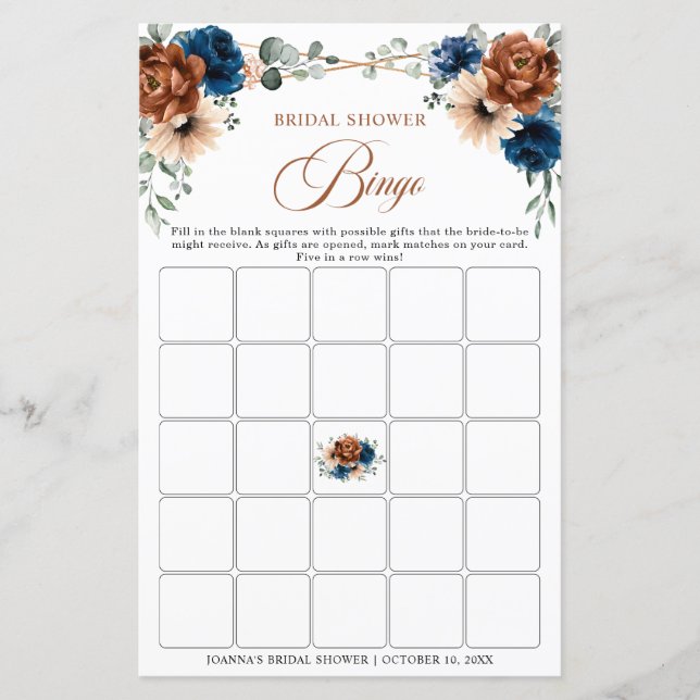 Lámina Terracota Navy Blue Greenery Bridal Shower Bingo (Anverso)