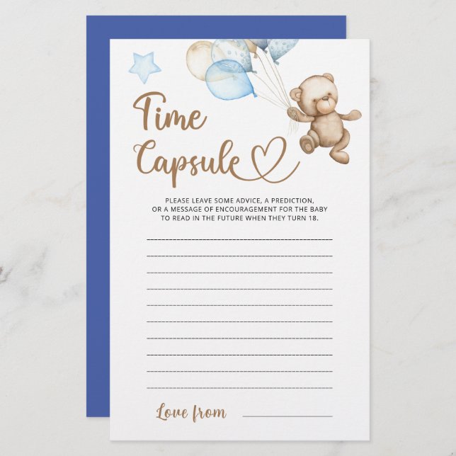 Lámina Time Capsule Teddy Bear Baby Shower (Anverso / Reverso)
