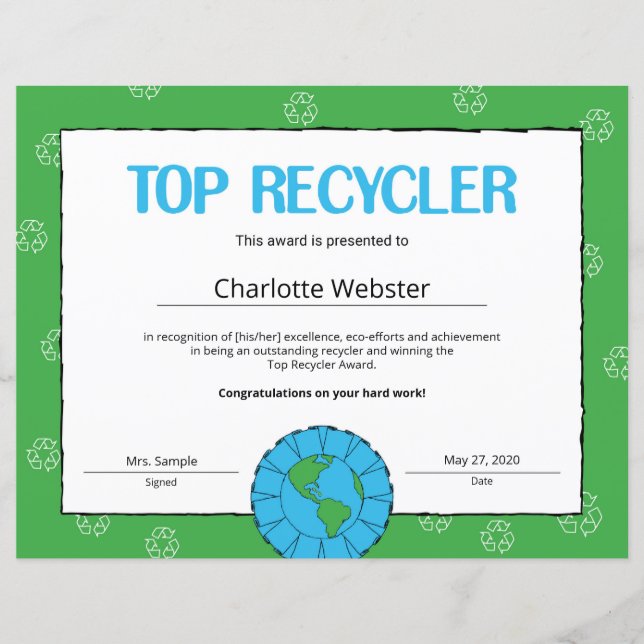 Lámina Top Recycler Certificate of Achieving PDF (Anverso)
