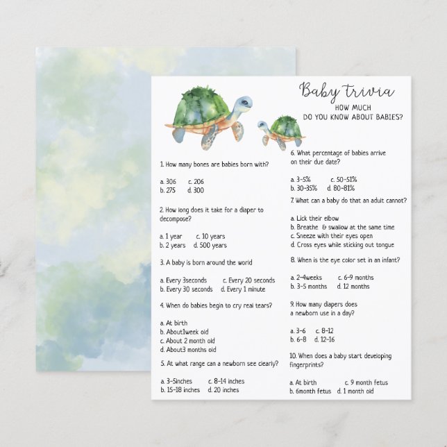 Lámina Tortuga marina - Trivia bebé | Juego Baby Shower (Anverso / Reverso)