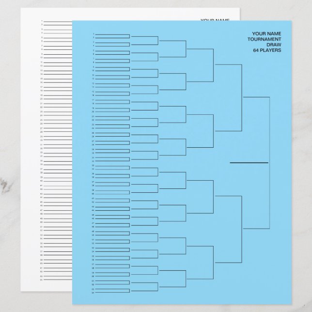 Lámina Tournament draw template paper sheet for 64 player (Anverso / Reverso)