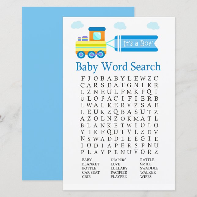 Lámina Toy Train Baby Shower Word Search Game (Anverso / Reverso)
