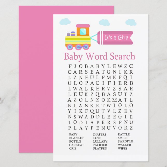Lámina Toy Train Baby Shower Word Search Game (Anverso / Reverso)