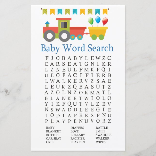 Lámina Toy train Baby Shower Word Search Game (Anverso)