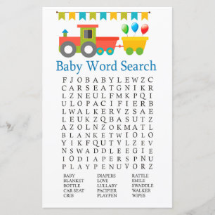 Lámina Toy train Baby Shower Word Search Game