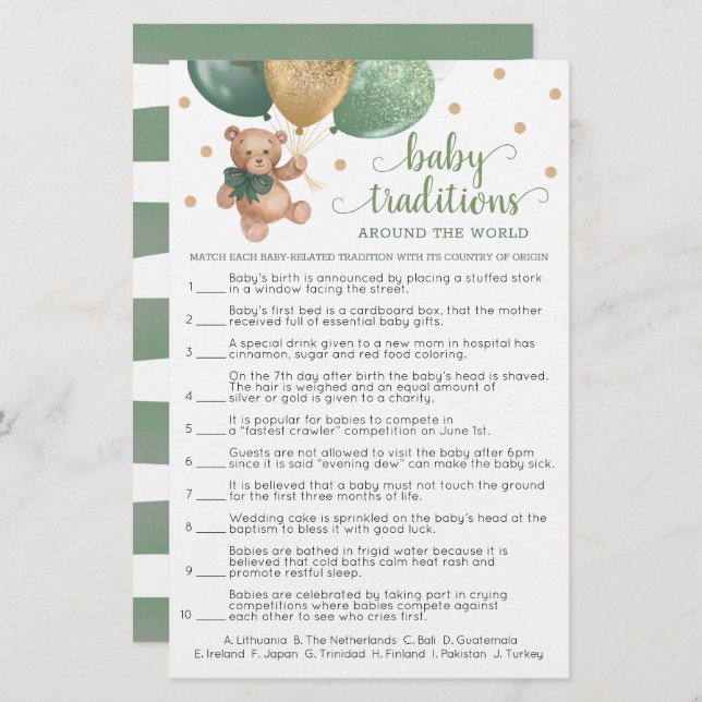 Lámina Tradiciones de Bebé En Todo El Mundo Juego Teddy B (Anverso / Reverso)