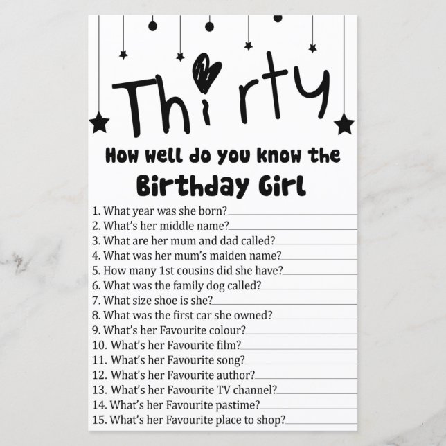 Lámina Treinta ¿Qué tan bien conoces al chica de cumpleañ (Anverso)