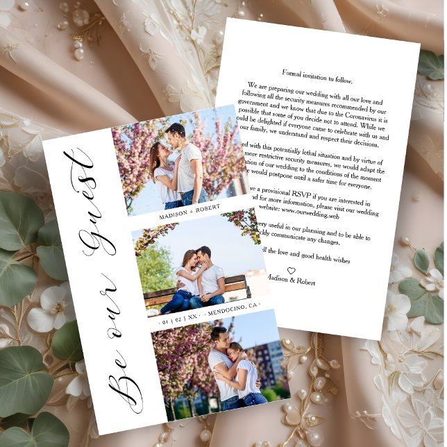 Lámina Trendy barata para el presupuesto Sea nuestro invi (Budget Cheap Trendy Be our Guest Romantic 3 Photos Wedding Save the Dates Cards with Envelope.)