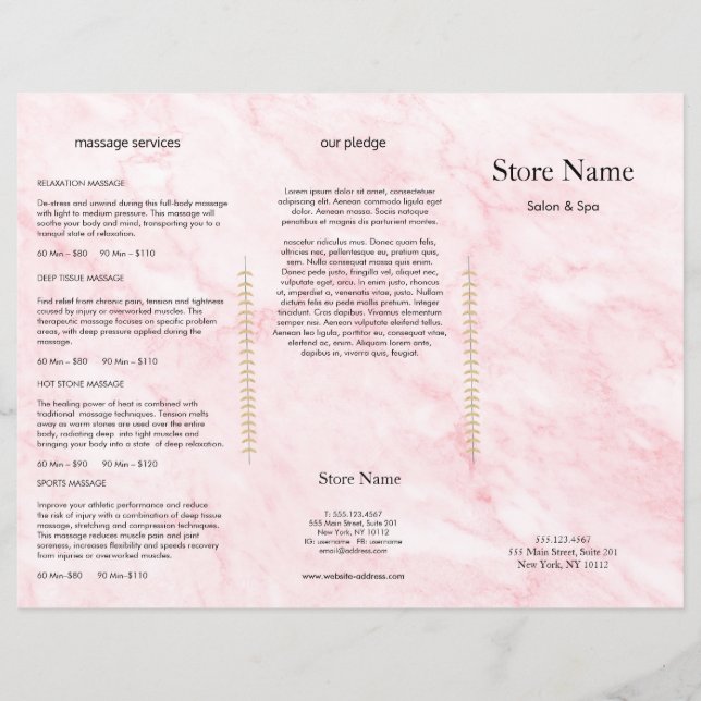 Lámina Tríptico de Salón de Belleza de Mármol Rosa (Anverso)