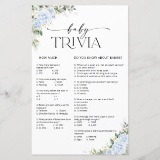 Lámina Trivia de Baby Shower Floral de Hortensia Azul par