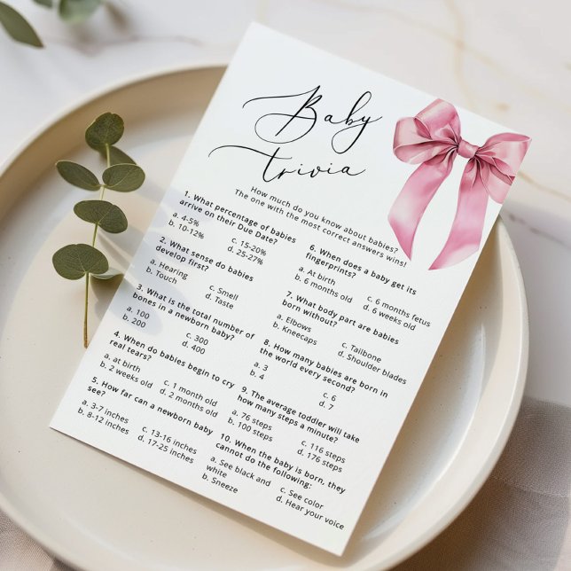 Lámina Trivia de bebé Script Bow Rosa Bow Baño de ducha (Subido por el creador)