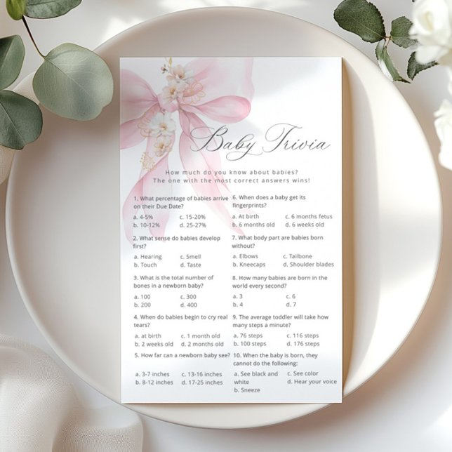 Lámina Trivia de bebé Script Bow Rosa Bow Baño de ducha (Subido por el creador)