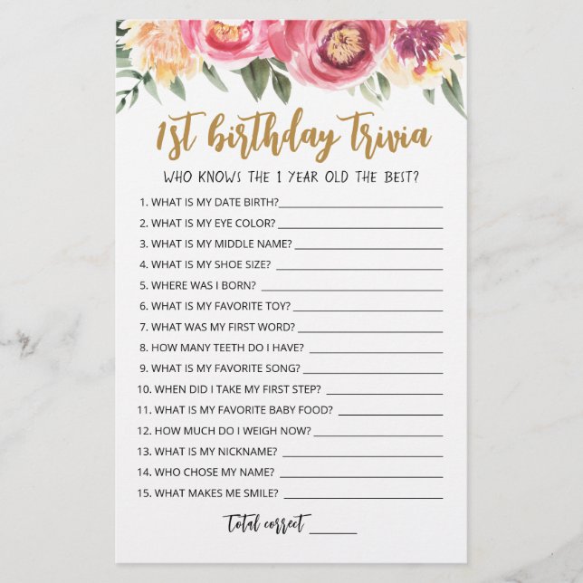 Lámina Trivia del 1er cumpleaños juego editable (Anverso)