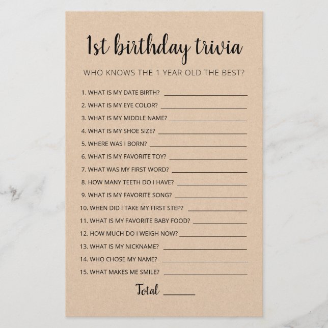 Lámina Trivia del 1er cumpleaños juego editable (Anverso)