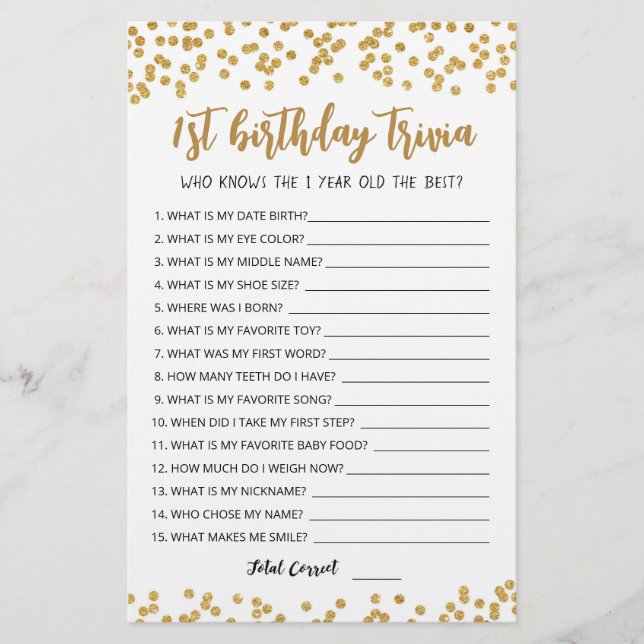 Lámina Trivia del 1er cumpleaños juego editable (Anverso)