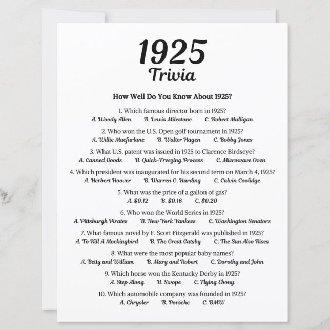 Lámina Trivia Game 1925 | 100.ª fiesta de cumpleaños (Anverso)