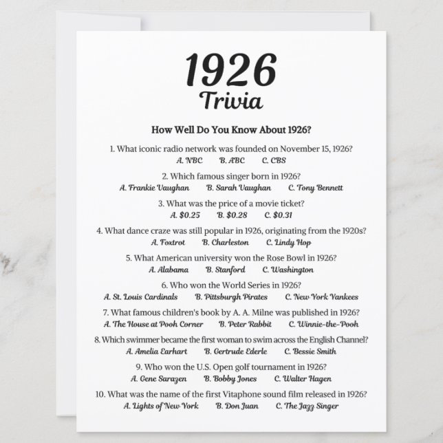 Lámina Trivia Game 1926 | Partida de cumpleaños 99 (Anverso)