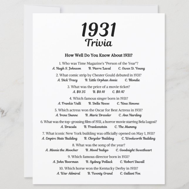Lámina Trivia Game 1931 | 94.º partido de cumpleaños (Anverso)