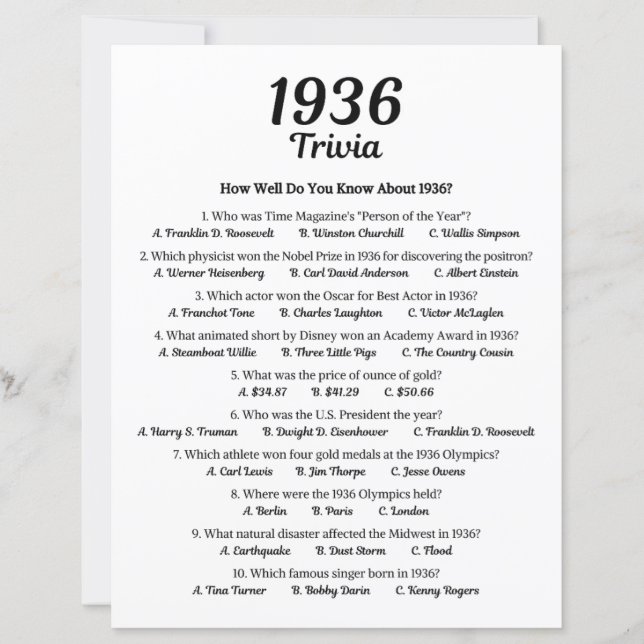 Lámina Trivia Game 1936 | 89.º partido de cumpleaños (Anverso)