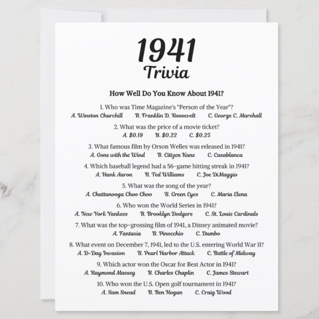 Lámina Trivia Game 1941 | 84.º partido de cumpleaños (Anverso)