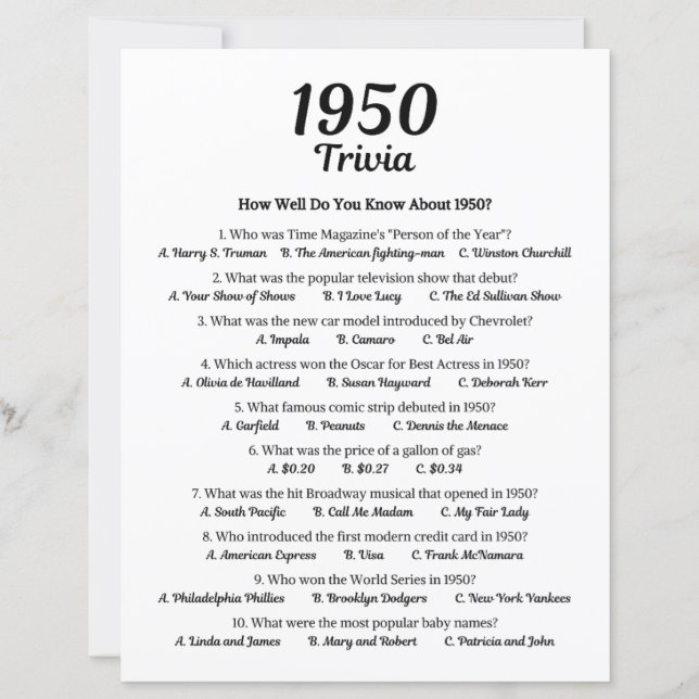 Lámina Trivia Game 1950 (Anverso)