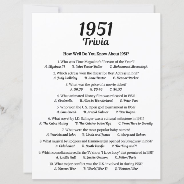 Lámina Trivia Game 1951 | 74.º partido de cumpleaños (Anverso)