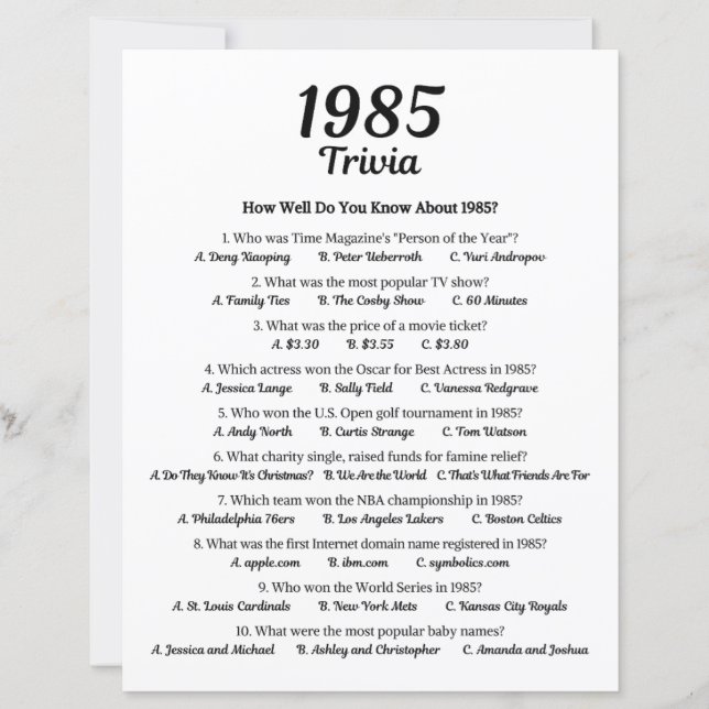 Lámina Trivia Game 1985 (Anverso)