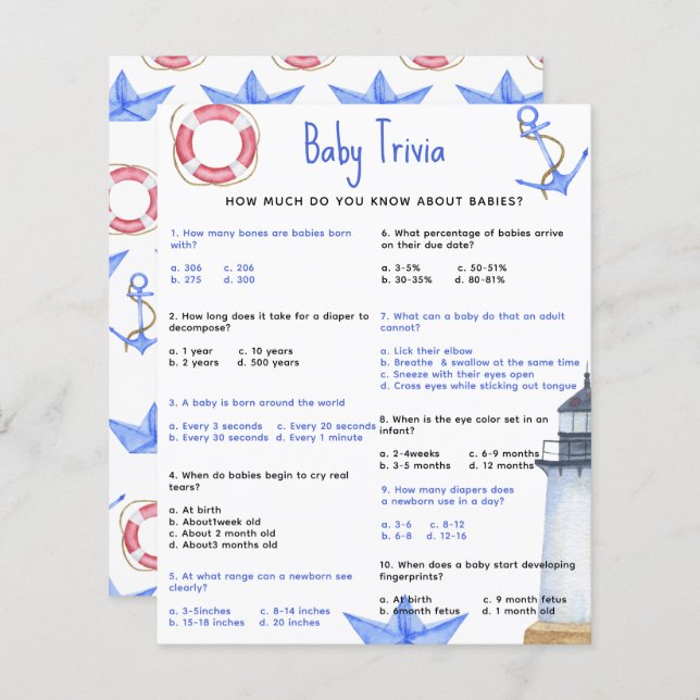 Lámina Trivia Náutica del Bebé | Juego Baby Shower (Anverso / Reverso)