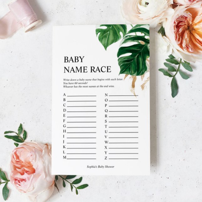 Lámina Tropical deja Baby Shower Baby Name Race Game (Subido por el creador)