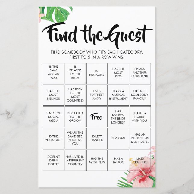 Lámina Tropical Find the Guest Bingo Game (Anverso)