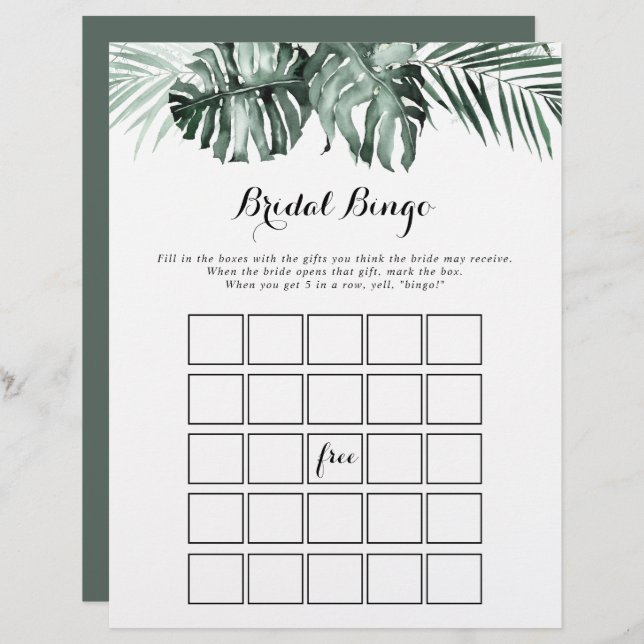 Lámina Tropical Greenery White Floral Bridal Bingo Game (Anverso / Reverso)