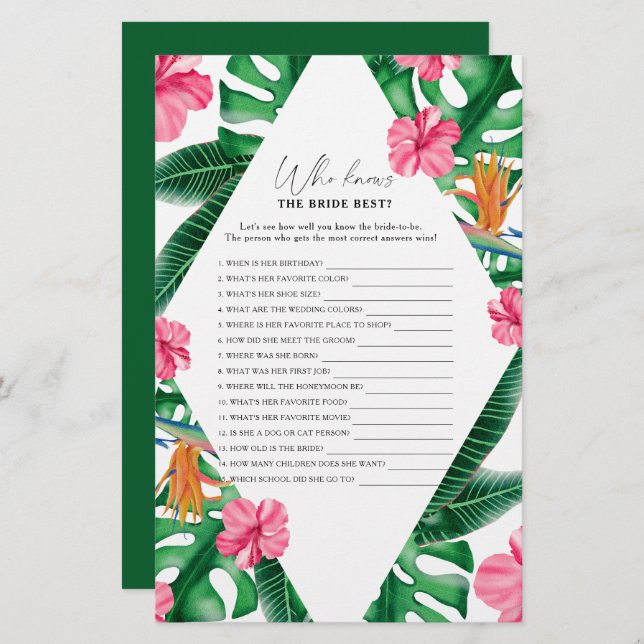 Lámina Tropical - Quién conoce el mejor juego de la novia (Anverso / Reverso)