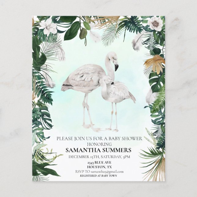Lámina Tropical White Flamingo Baby Shower Boho  (Anverso)