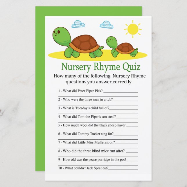 Lámina Turno Nursery Rhyme Prueba de bebé juego de ducha (Anverso / Reverso)