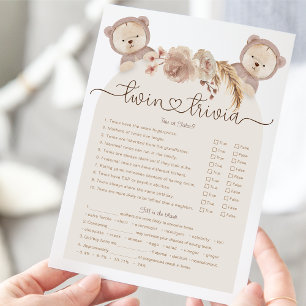 Lámina Twin Trivia Game Tan Boho Bear Baby Shower